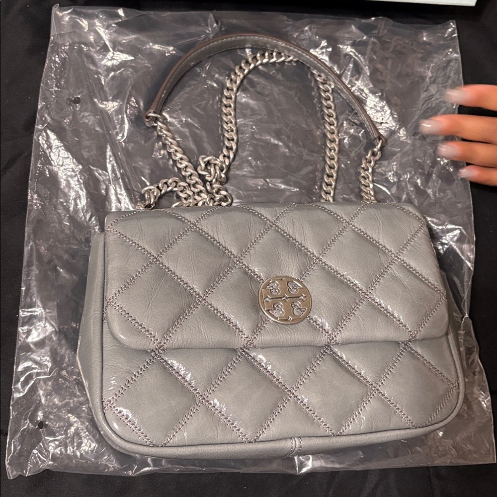 Gray Quilted Shoulder Bag with Chain Strap